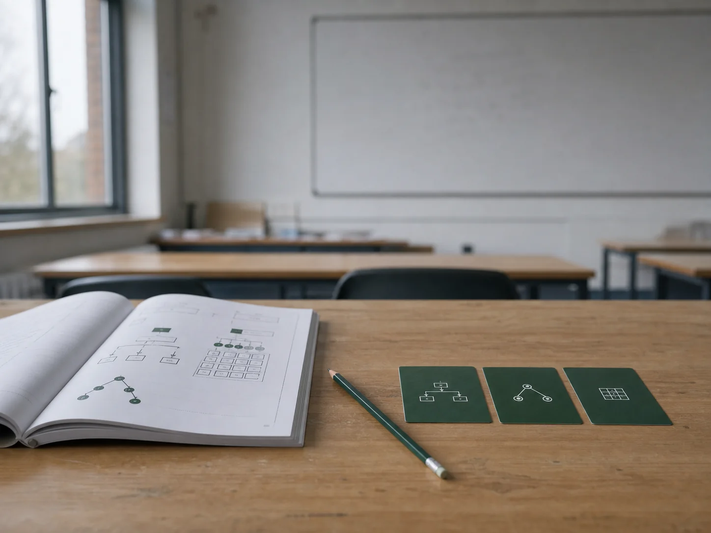 A quiet classroom desk with a computer science workbook and three green learning cards