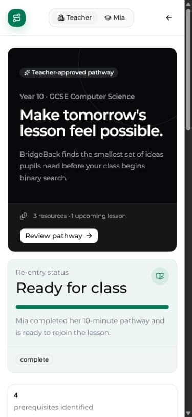 BridgeBack teacher workspace showing lesson readiness, prerequisite concepts, and a teacher-reviewed pathway